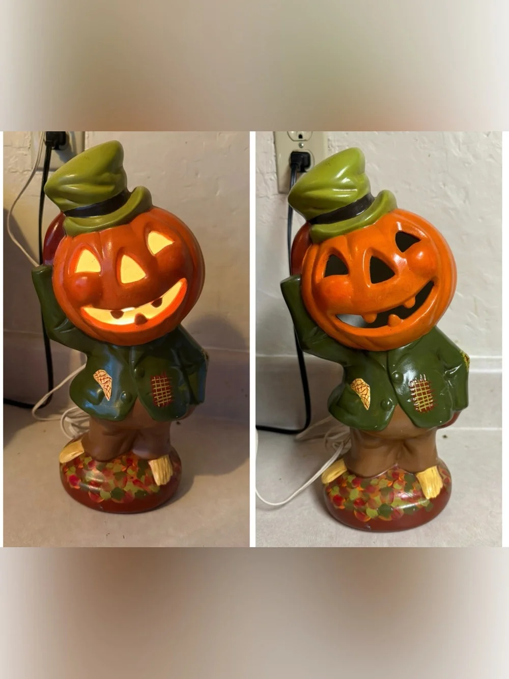 1 Vintage 13” Ceramic Pumpkin Scarecrow Halloween Jack o lantern light up rare